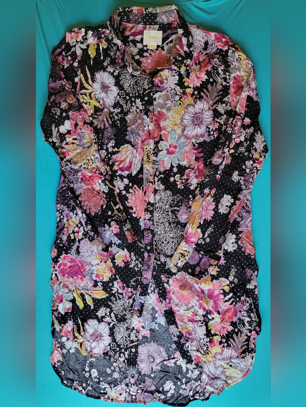 Maeve Anthropologie Pink Floral Multi Button Down Shirt Size M High Low Glitter